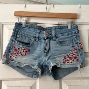 American Eagle Floral Embroidered Denim Shorts
